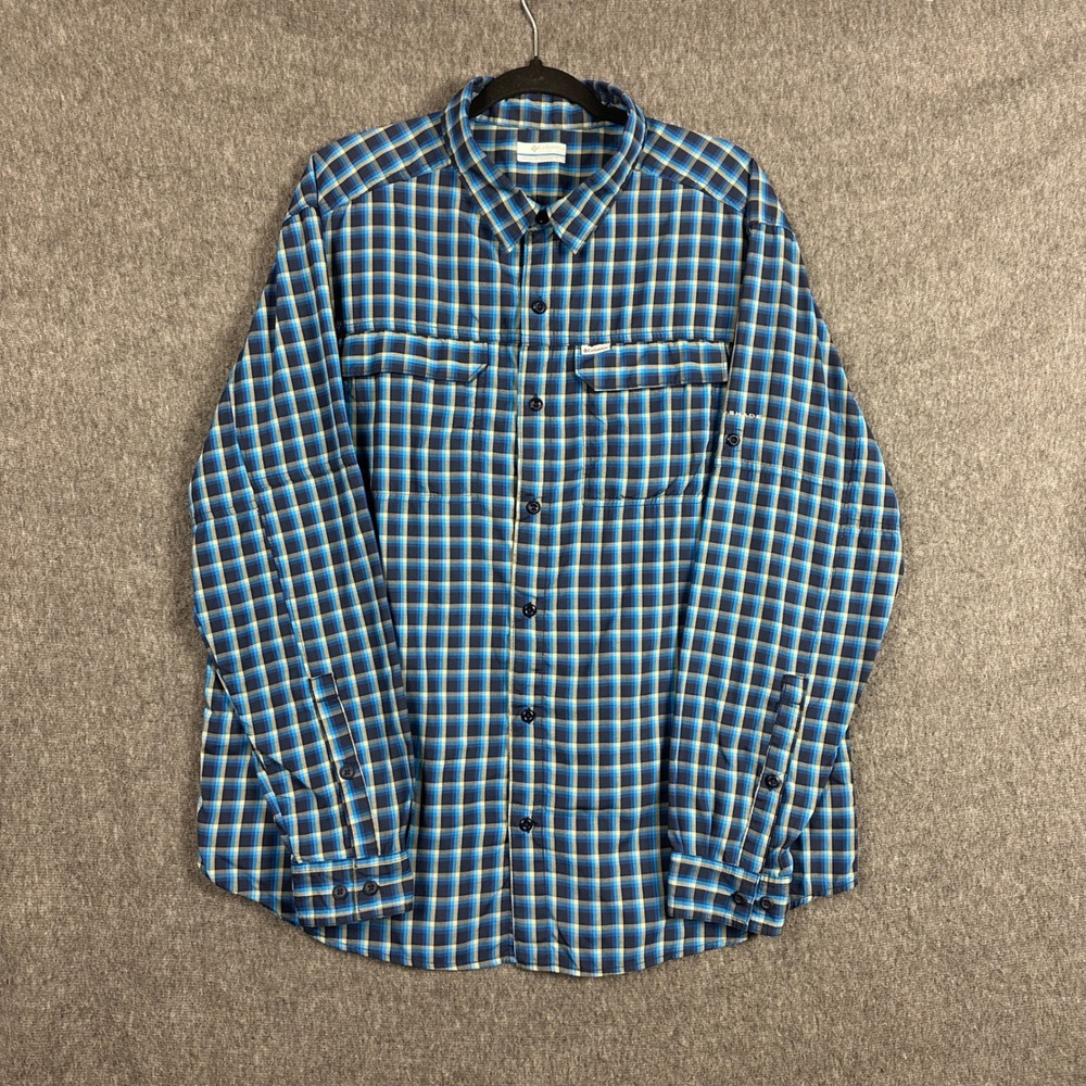 Columbia Silver Ridge Mens XL Blue Plaid Vented Hiking Shirt Omni-Shade